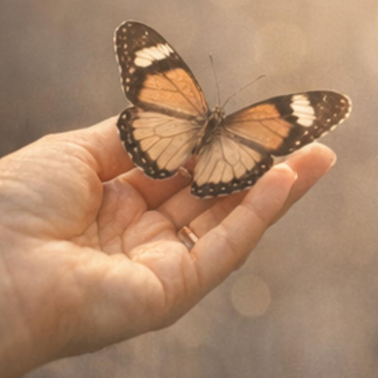 gedanken und impulse Eine Hand hält einen Schmetterling mit orangefarbenen und weißen Flügeln.