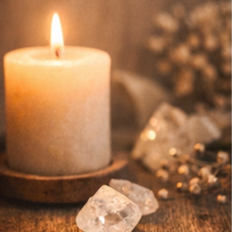 kleine rituale Dicke Kerze auf einem Holzteller mit Kristallen im Hintergrund.